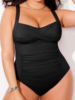 Swimsuits For All Black One-Piece Ruched Swimwear Size 24